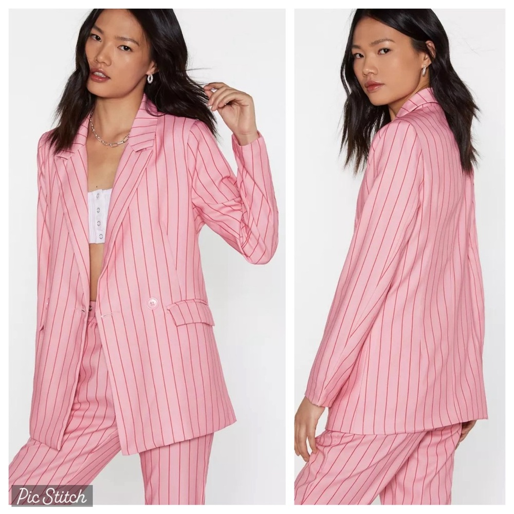 Nasty Gal I Got A Line On You Pinstripe Button Front Blazer Pink Size Small